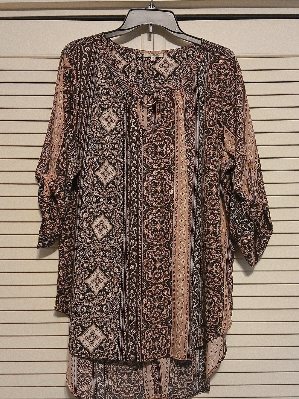 MPH Collection Pink Paisley-Stripe Tie-Neck Women’s Top